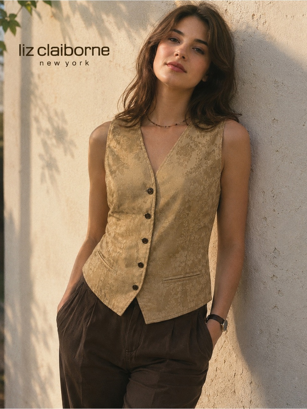 VTG 90s Liz Sport Floral Jacquard Vest Size 10 Honey Beige Tailored Waistcoat